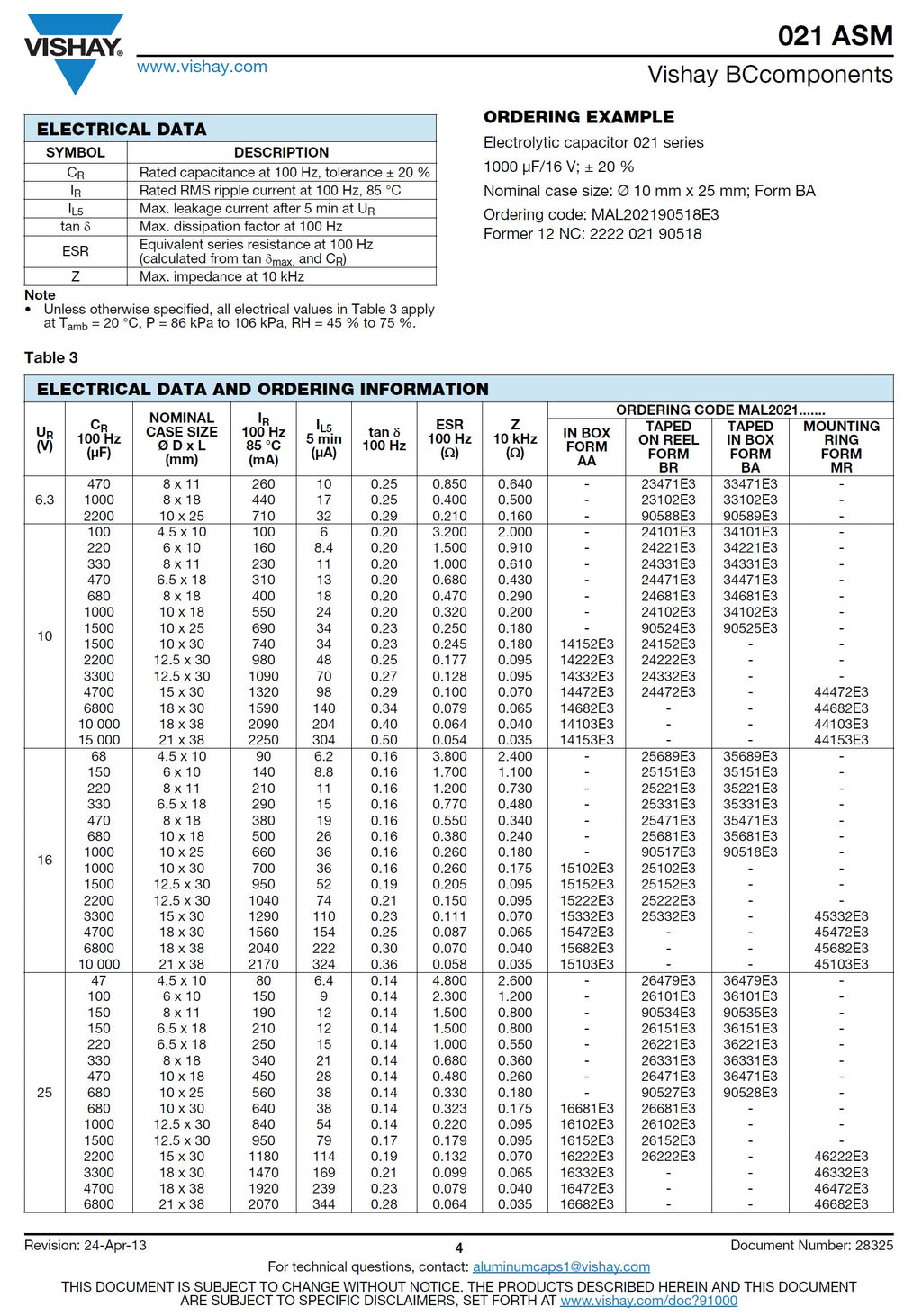 Axial Electrolytic Capacitors By Vishay BC Various Values