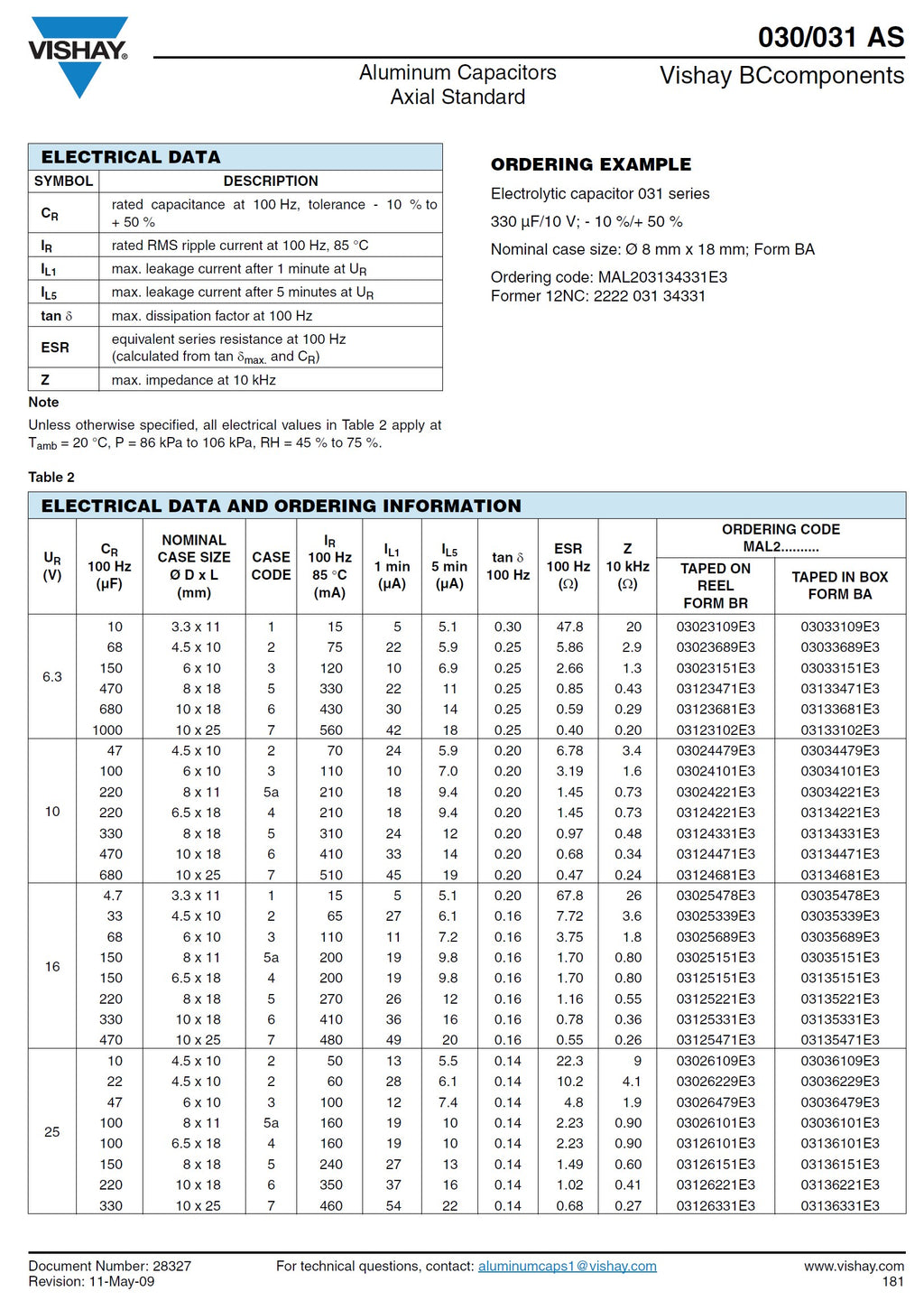 Axial Electrolytic Capacitors By Vishay BC Various Values