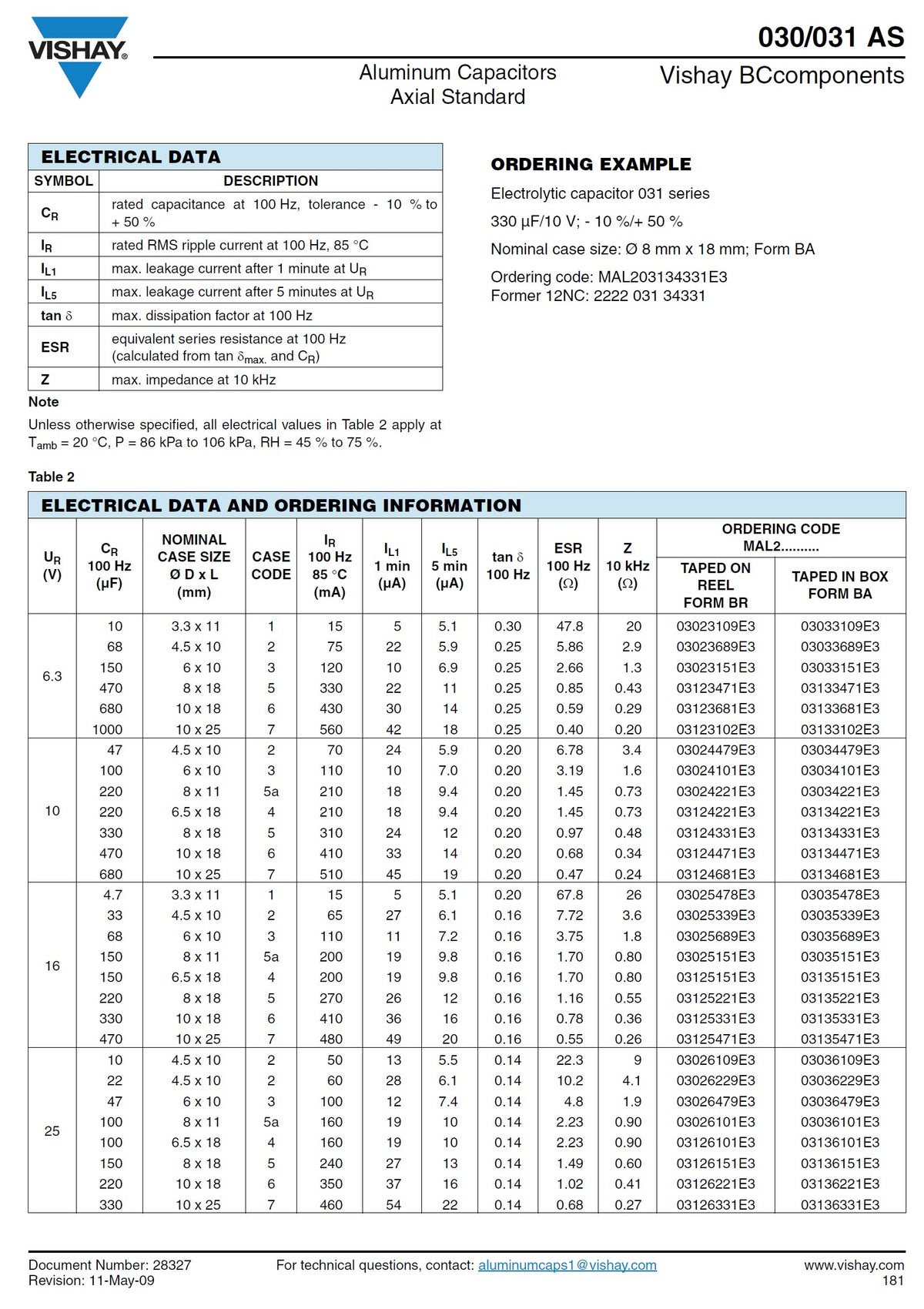 Axial Electrolytic Capacitors By Vishay BC Various Values
