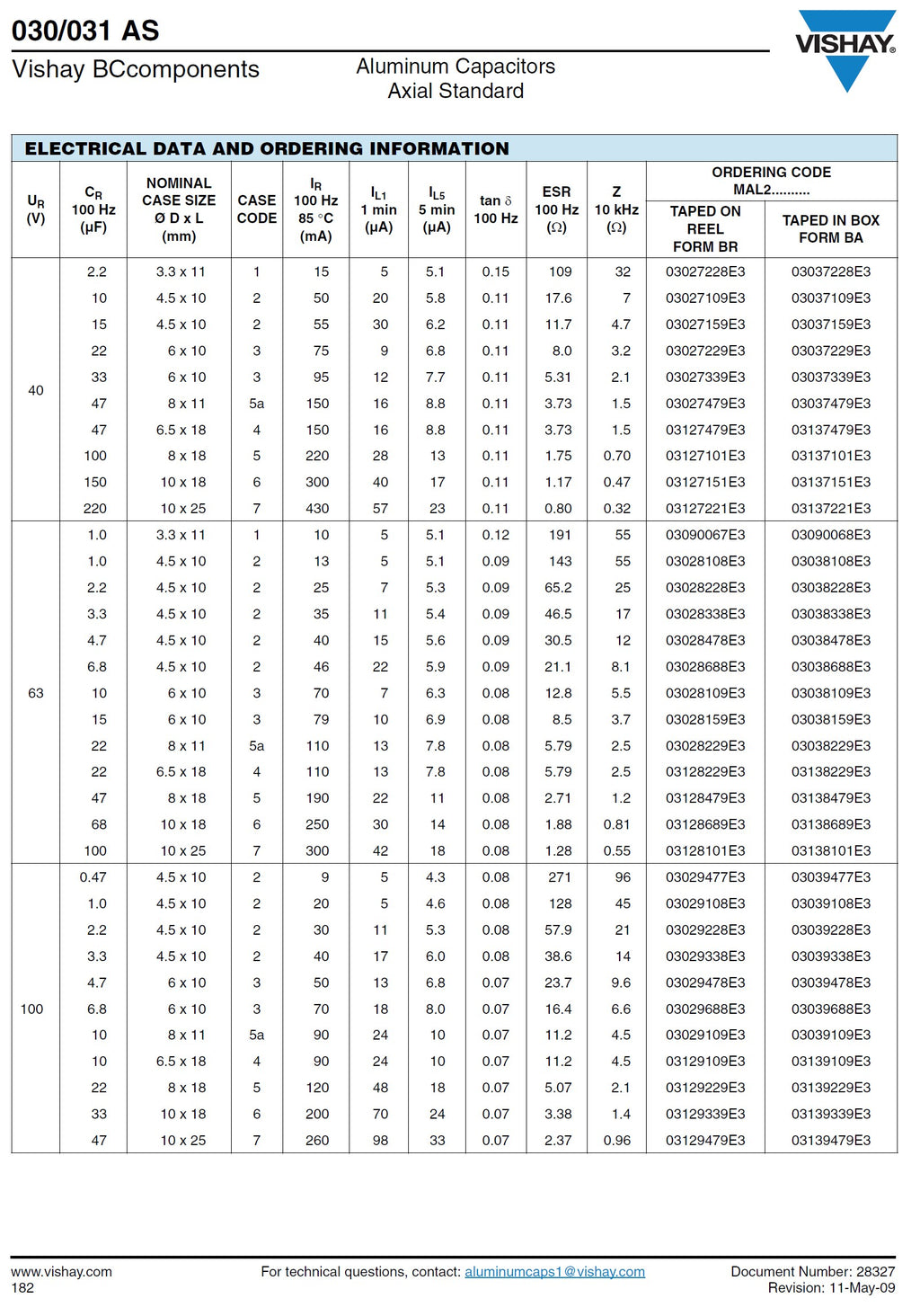 Axial Electrolytic Capacitors By Vishay BC Various Values
