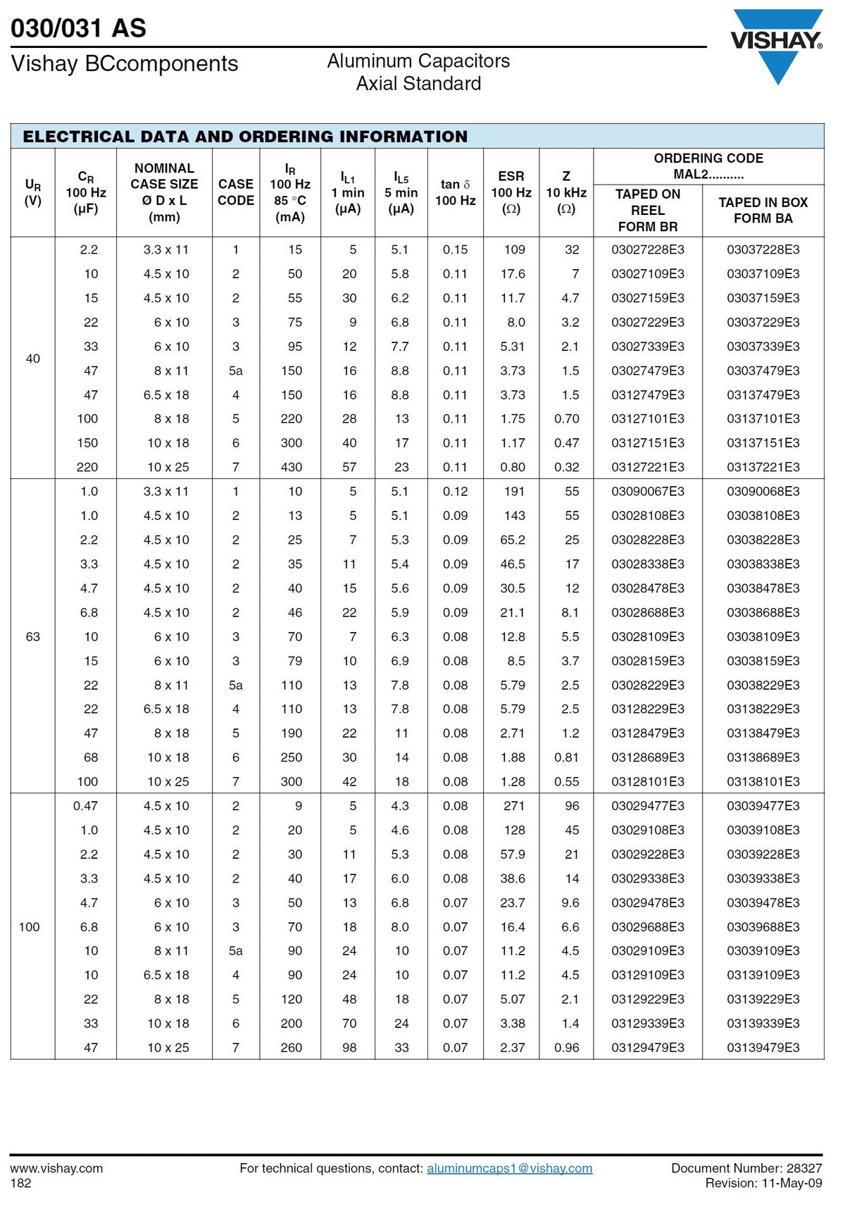 Axial Electrolytic Capacitors By Vishay BC Various Values