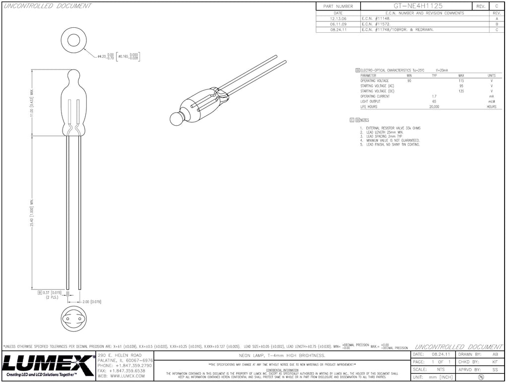 Neon Bulb 4mm Diameter Mains Indicator Glow Lamp