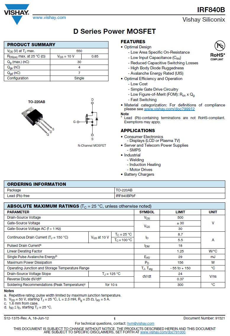 MOSFET Power Transistors From Vishay Siliconix TO-220