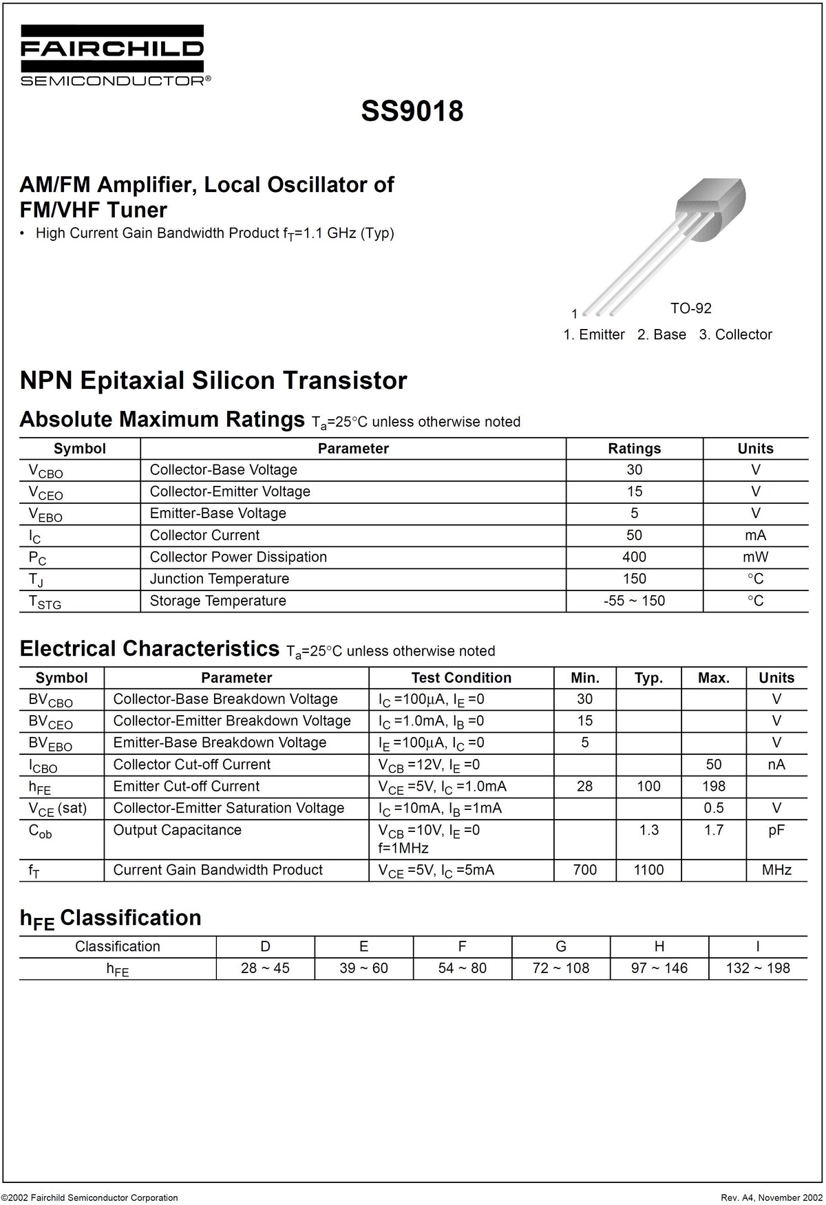 SS9018 Transistor VHF RF NPN Bipolar Mixer Oscillator Amplifier Fairchild SS9018HBU