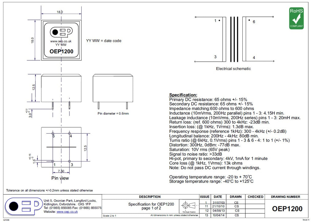 Audio Transformer 1 to 1 600:600 Ohm 4kV Line Isolation