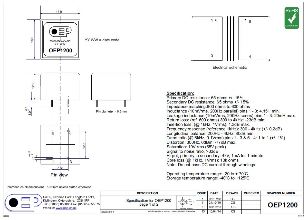 Audio Transformer 1 to 1 600:600 Ohm 4kV Line Isolation