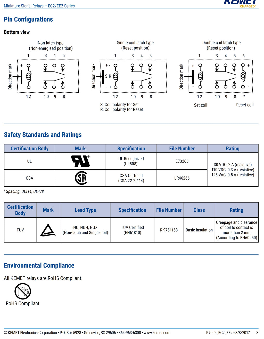 Latching Relay EC2 Low Current Coil Gold Alloy Contact DPDT 250V 2A 3V 5V or 12V Coils