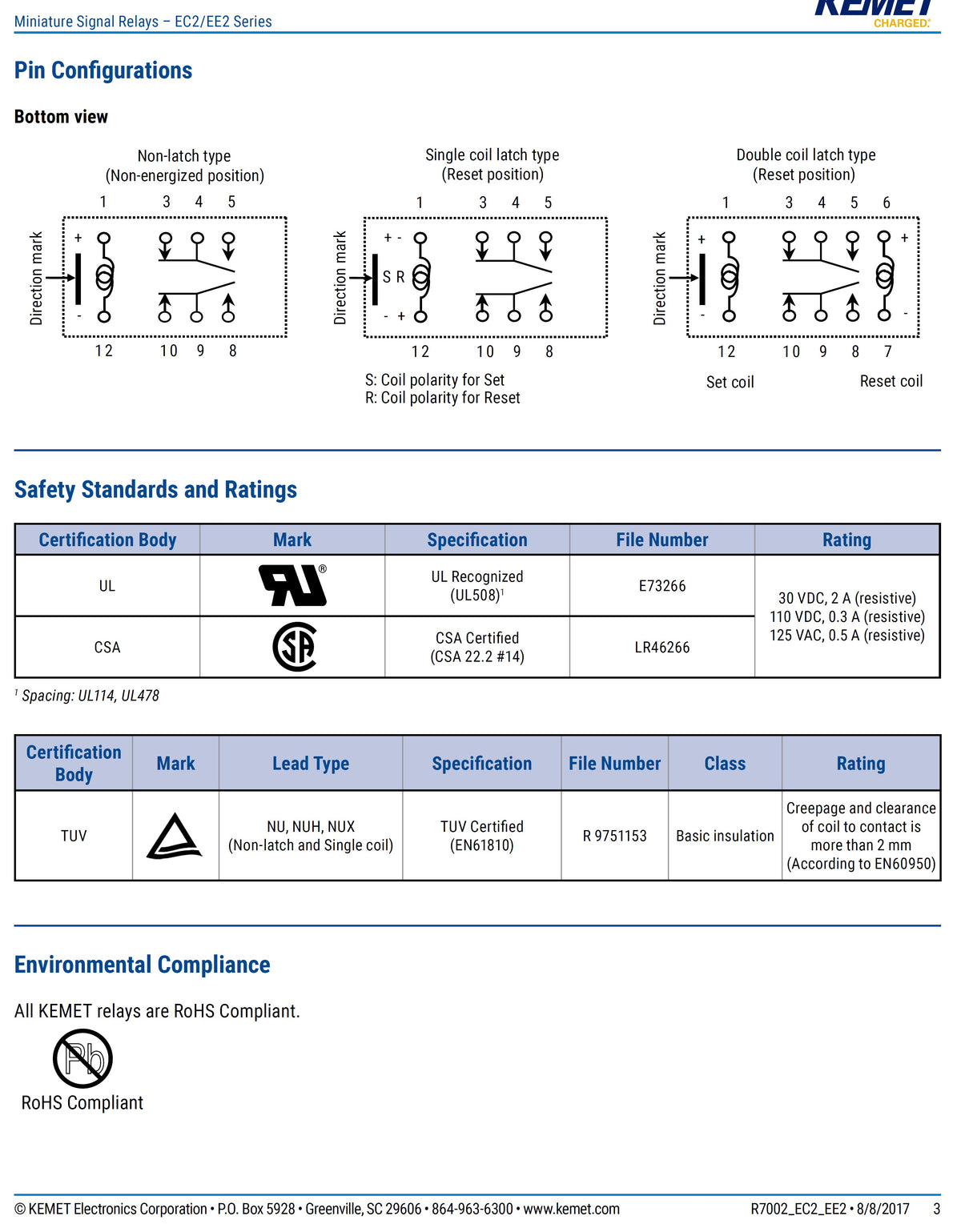 Latching Relay EC2 Low Current Coil Gold Alloy Contact DPDT 250V 2A 3V 5V or 12V Coils