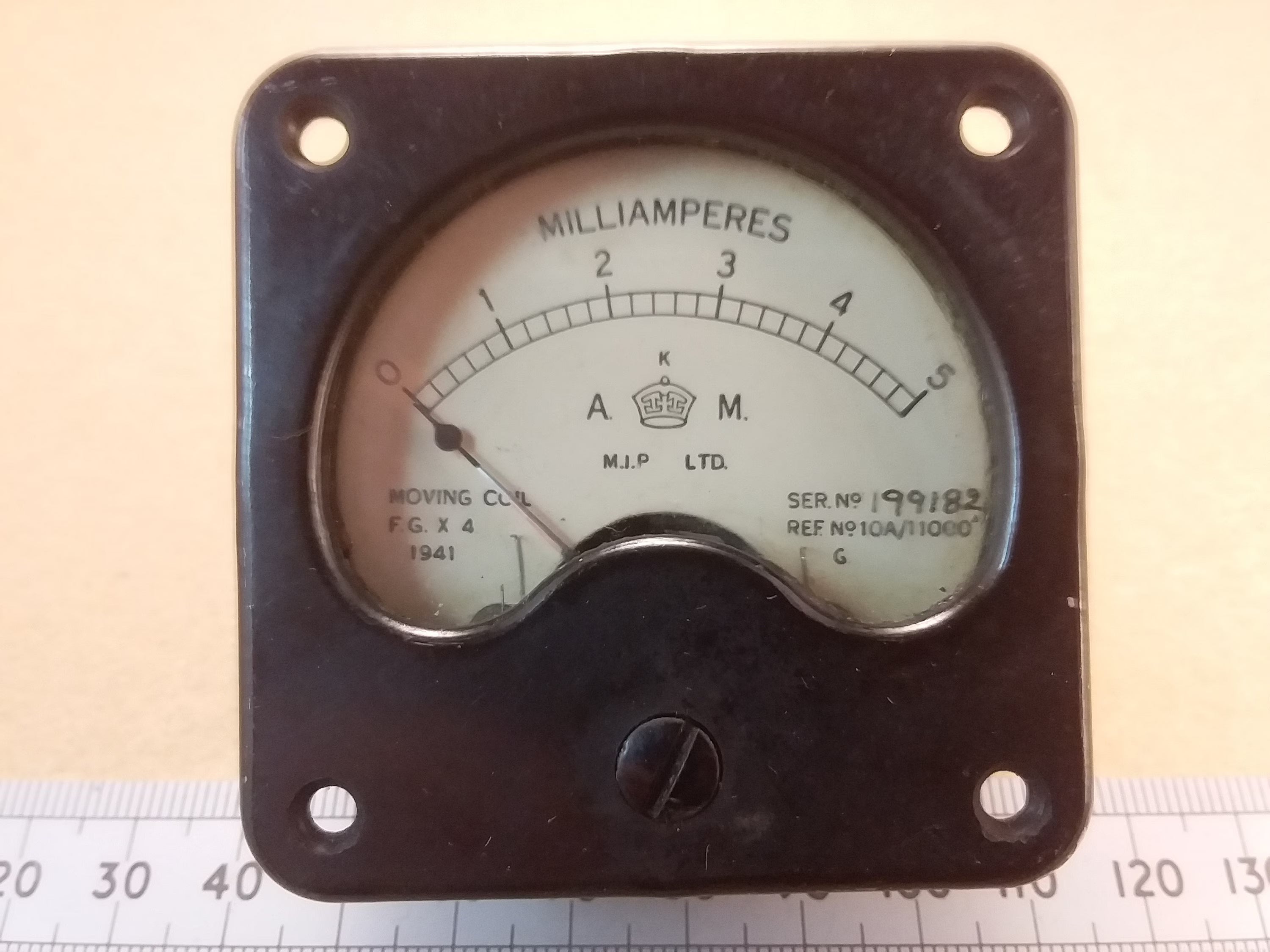 Aircraft Ministry Moving Coil Milliammeter 5mA F.S.D. D.C. 15 Ohm 57mm Square 1941
