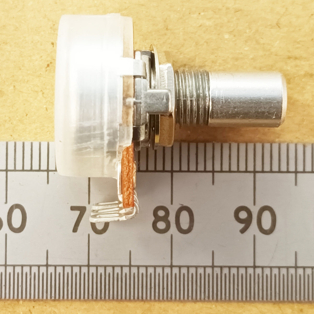 HJW Electronics side view of quarter inch round shaft solder lug potentiometer RSL63.