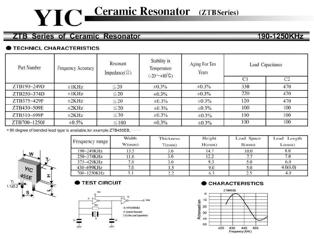 Ceramic Resonator IF 429kHz 455kHz 480kHz Or 500kHz ZTB CRB Series